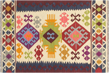 Flat Weave Kilim, Antique, Navaho, Vintage, Handmade, Geometric Kilim Beige Red Hand-Woven Rectangle 100% Wool Area Rug 4 x 5